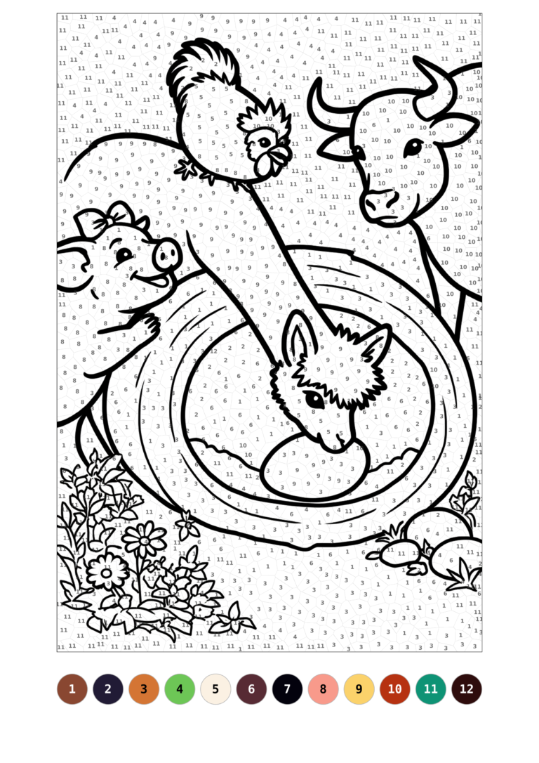 Hermey the Alpaca Easter color by number printable with farm animals