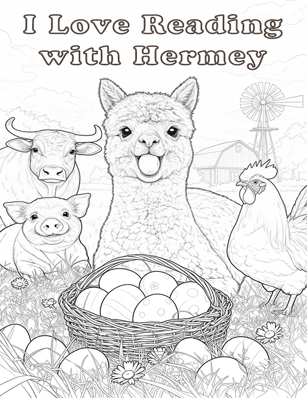 Hermey the Alpaca Easter coloring page with farm animals and Easter eggs